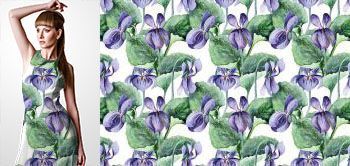 02020 Materiał ze wzorem duże, ręcznie malowane, fioletowe kwiaty (irysy) w stylu akwareli